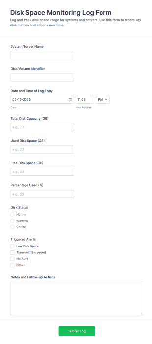 Disk Space Monitoring Log Form Template