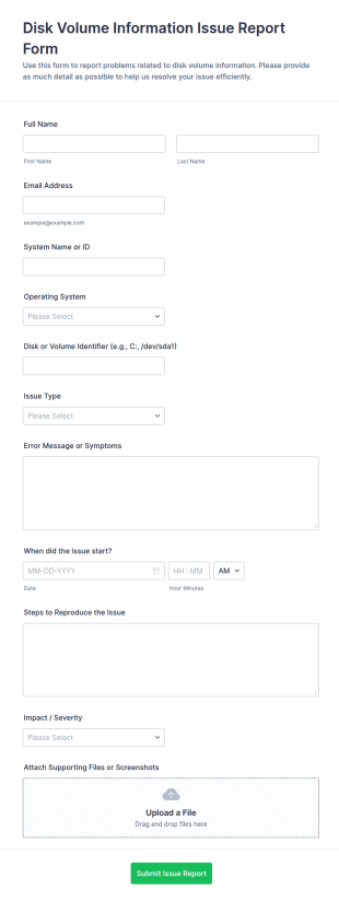 Disk Volume Information Issue Report Form Template