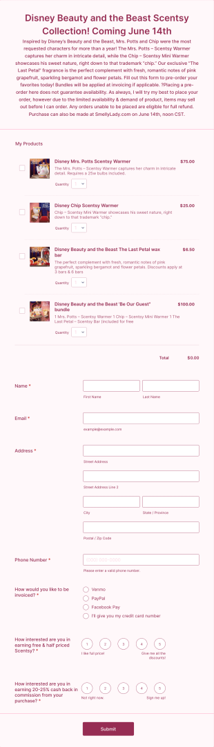 Disney Beauty And The Beast Scentsy Collection Form Template
