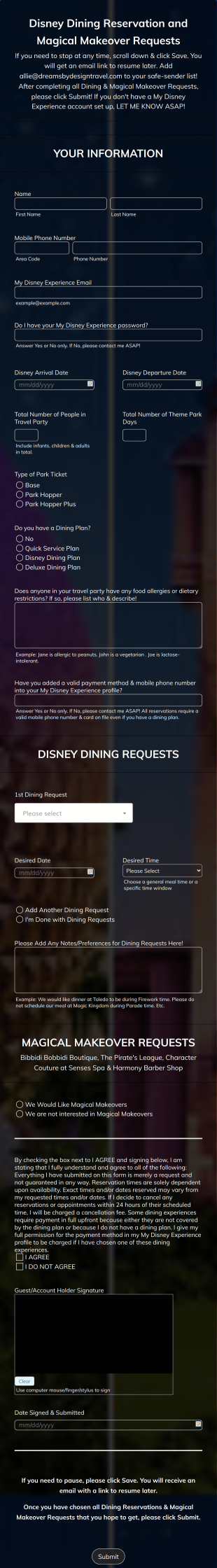 DISNEY DINING &amp MAGICAL MAKEOVER REQUESTS (ALLIE DBD) Form Template