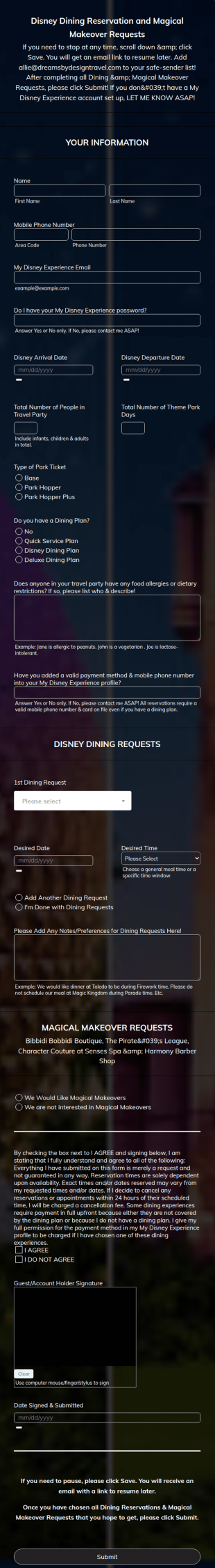 DISNEY DINING & MAGICAL MAKEOVER REQUESTS (ALLIE DBD) Form Template