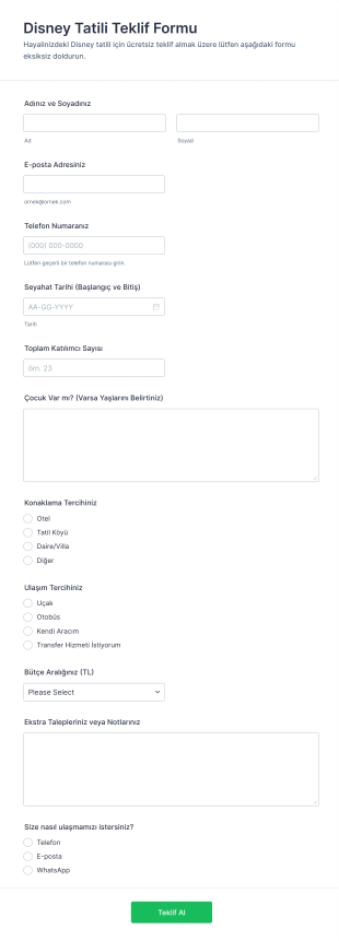 Disney Tatili Teklif Form Şablonu