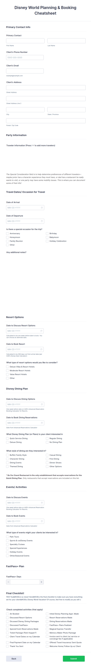 Disney World Planning And Booking Cheatsheet Form Template