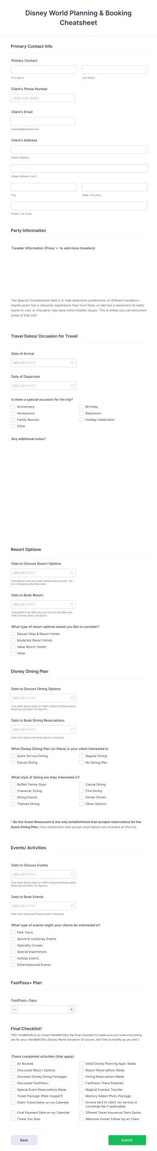Disney World Planning And Booking Cheatsheet Form Template