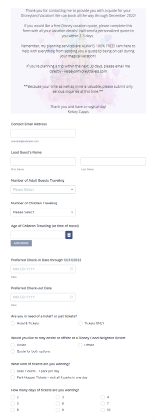 Disneyland Quote Request Form Template