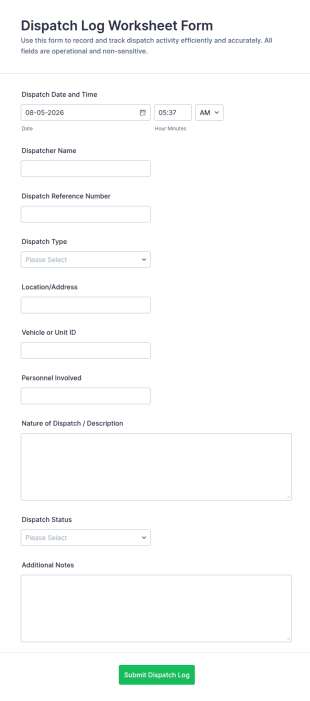 Dispatch Log Worksheet Form Template