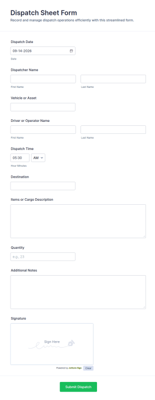 Dispatch Sheet Form Template