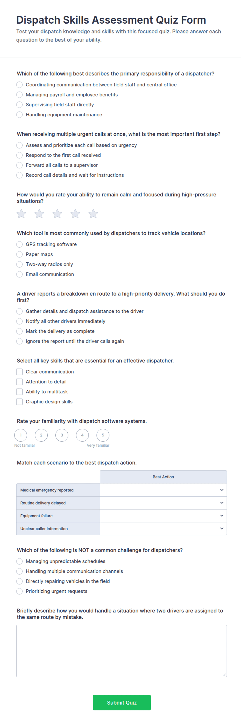 Dispatch Skills Assessment Quiz Form Template | Jotform