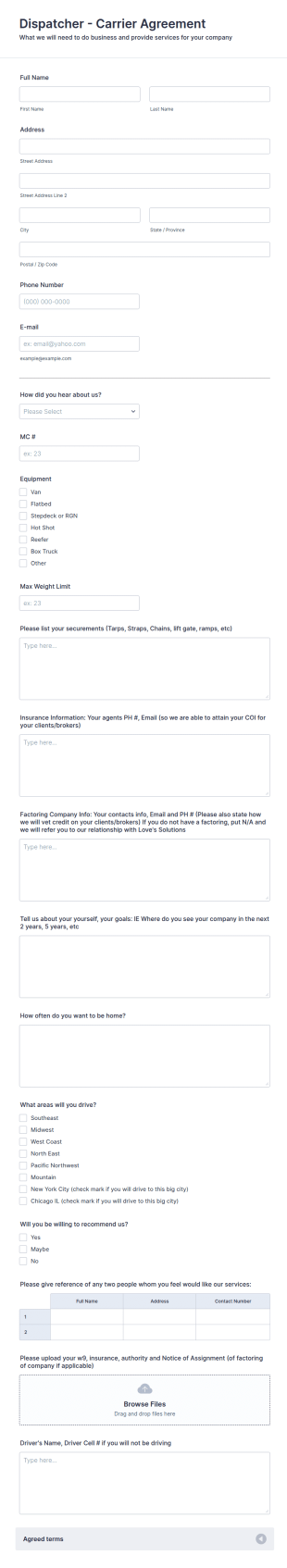Dispatcher Carrier Agreement Form Template