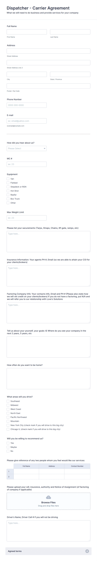 Dispatcher Carrier Agreement Form Template