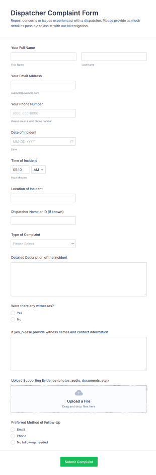 Dispatcher Complaint Form Template