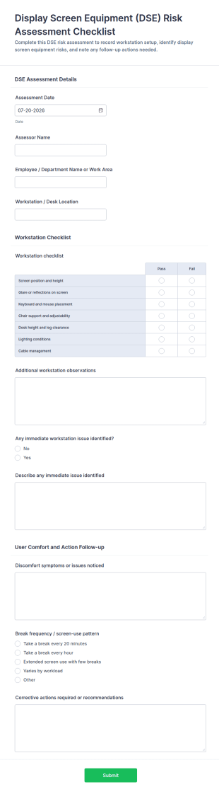 Display Screen Equipment (DSE) Risk Assessment Checklist Form Template