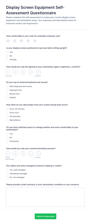 Display Screen Equipment Self Assessment Questionnaire Form Template