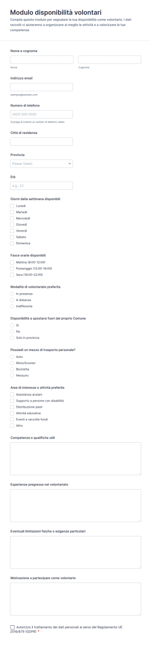 Disponibilità Volontari Form