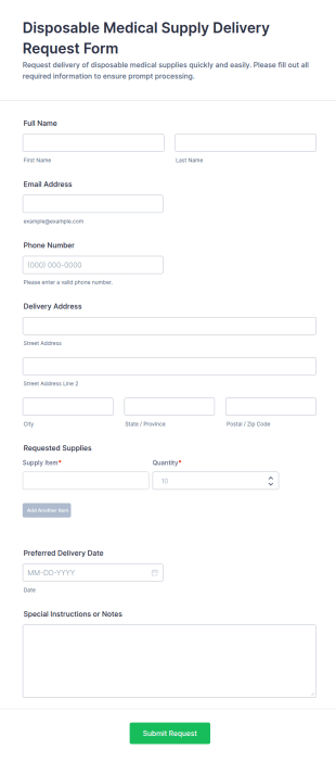 Disposable Medical Supply Delivery Request Form Template