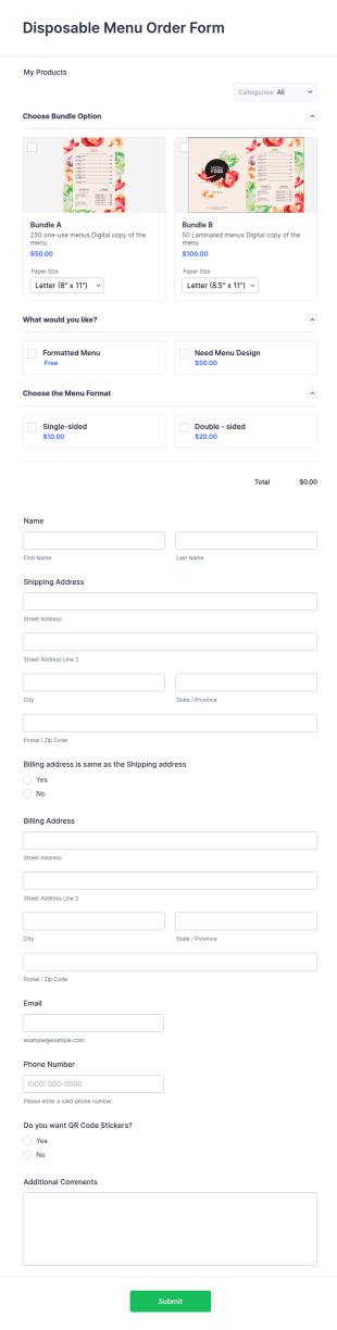 Disposable Menu Order Form Template