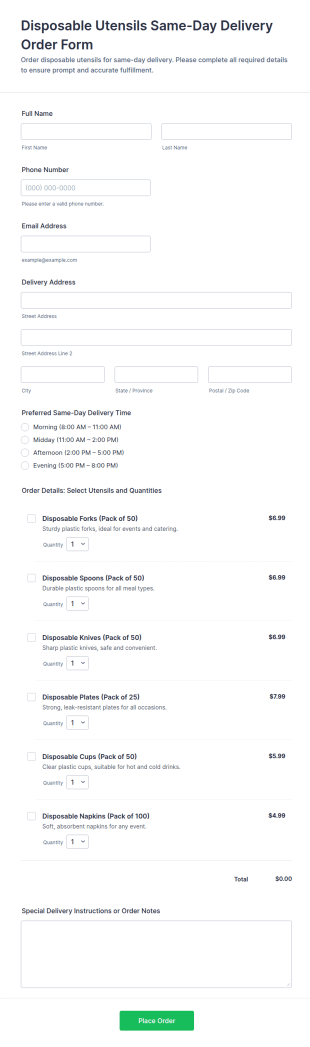 Disposable Utensils Same Day Delivery Order Form Template