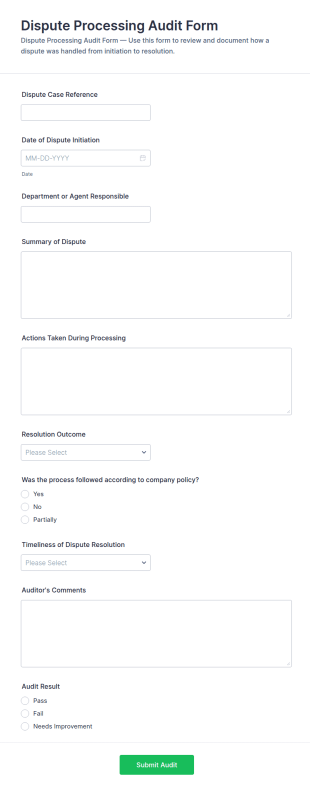 Dispute Processing Audit Form Template