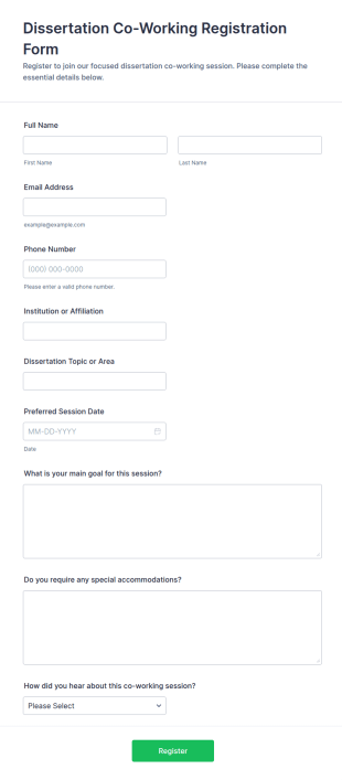 Dissertation Co Working Registration Form Template