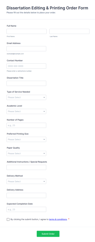 Dissertation Editing & Printing Order Form Template