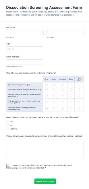 Dissociation Screening Assessment Form Template