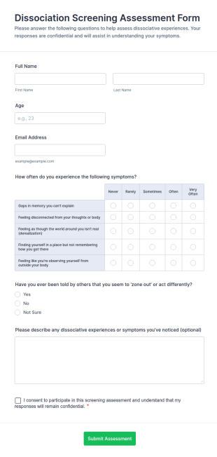 Dissociation Screening Assessment Form Template