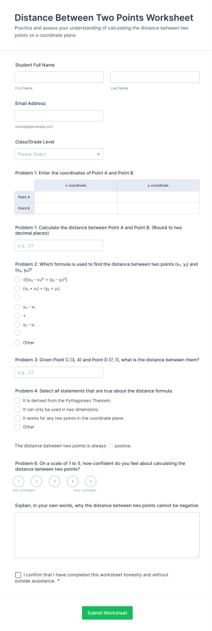 Distance Between Two Points Worksheet Form Template