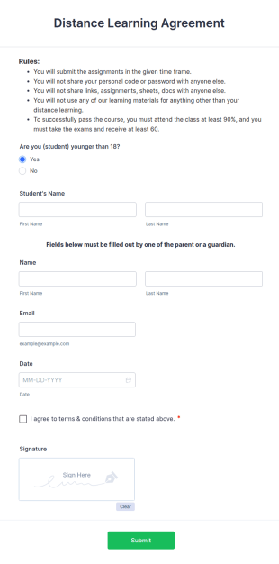 Distance Learning Agreement Form Template