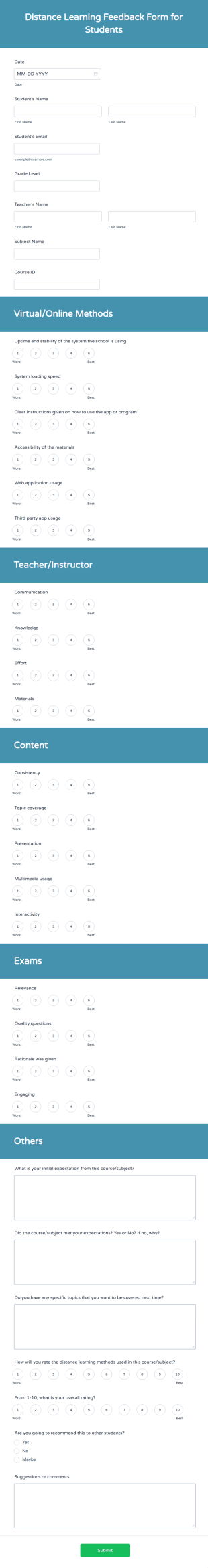 Distance Learning Feedback Form For Students