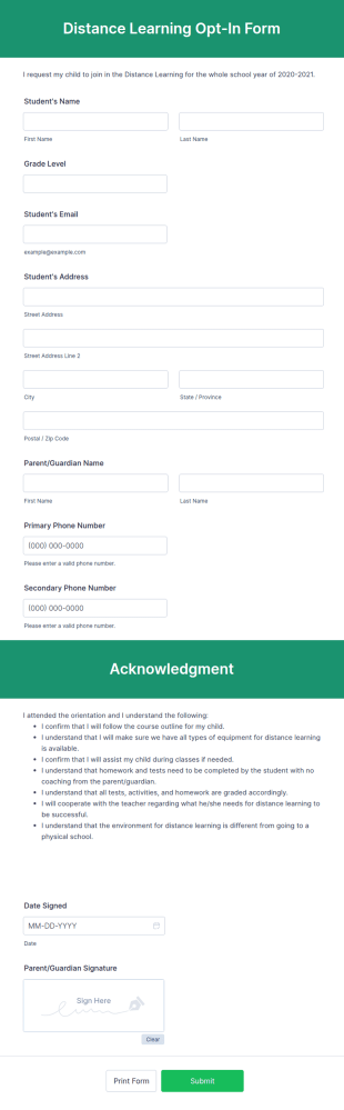 Distance Learning Opt In Form Template