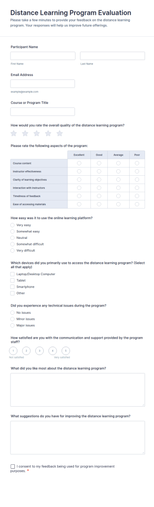 Distance Learning Program Evaluation Form Template
