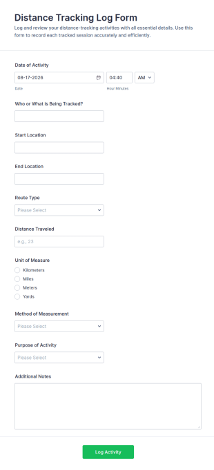 Distance Tracking Log Form Template