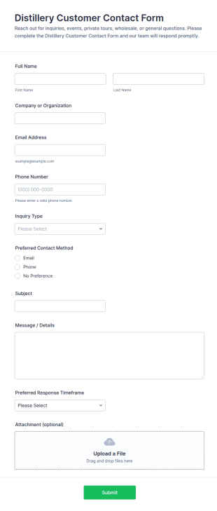 Distillery Customer Contact Form Template