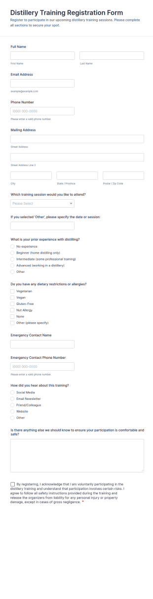 Distillery Training Registration Form Template