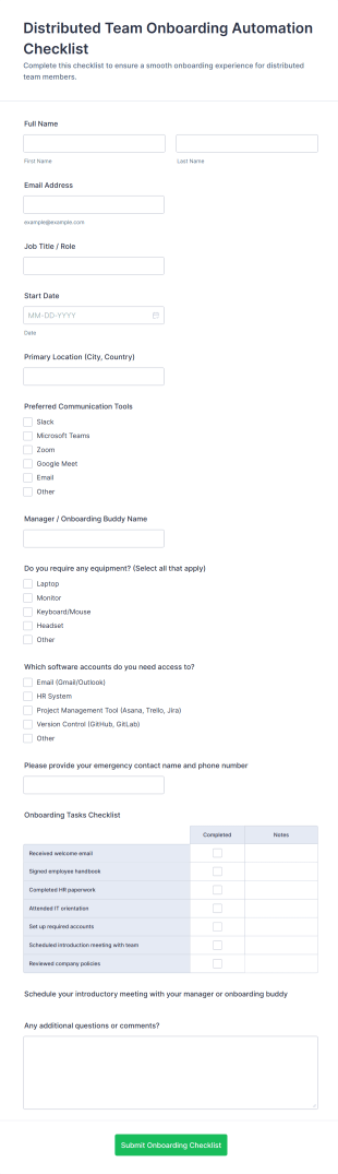 Distributed Team Onboarding Automation Checklist Form Template