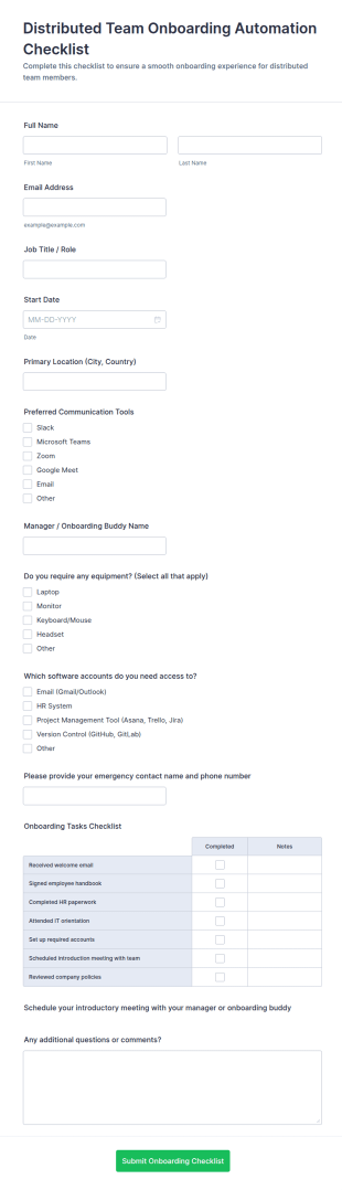 Distributed Team Onboarding Automation Checklist Form Template