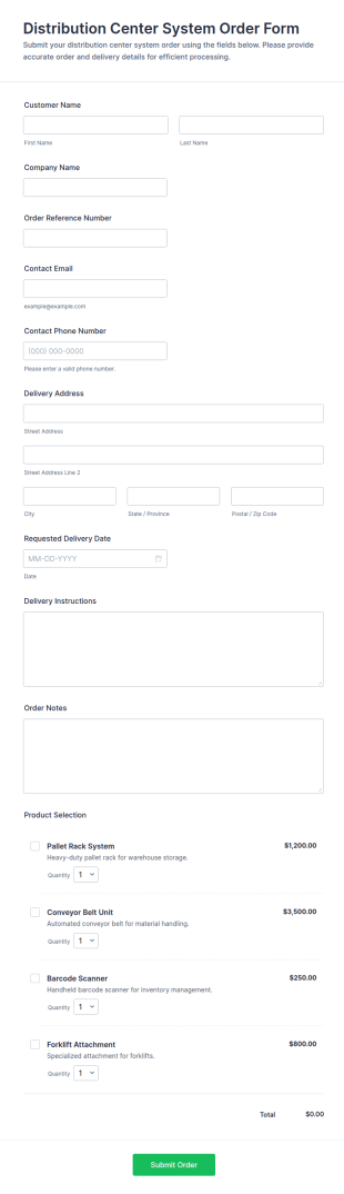 Distribution Center System Order Form Template