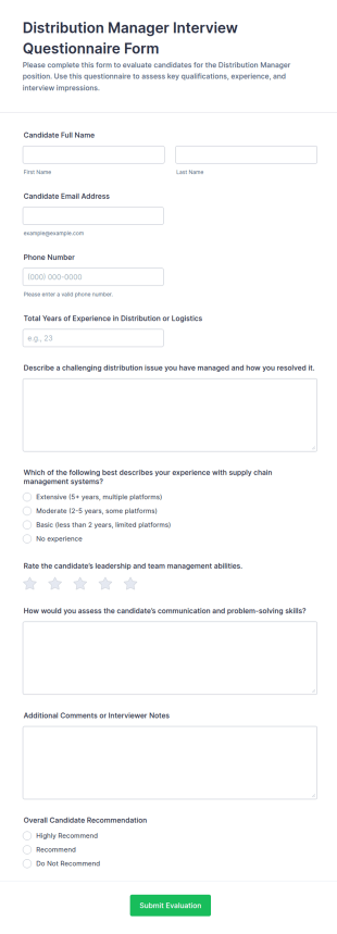 Distribution Manager Interview Questionnaire Form Template