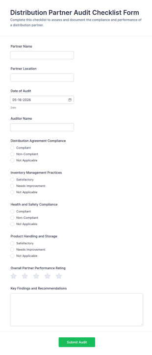 Distribution Partner Audit Checklist Form Template