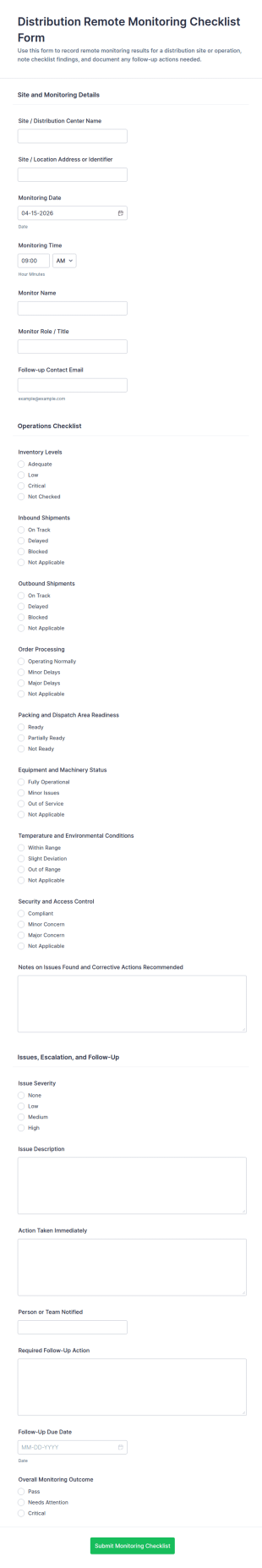Distribution Remote Monitoring Checklist Form Template