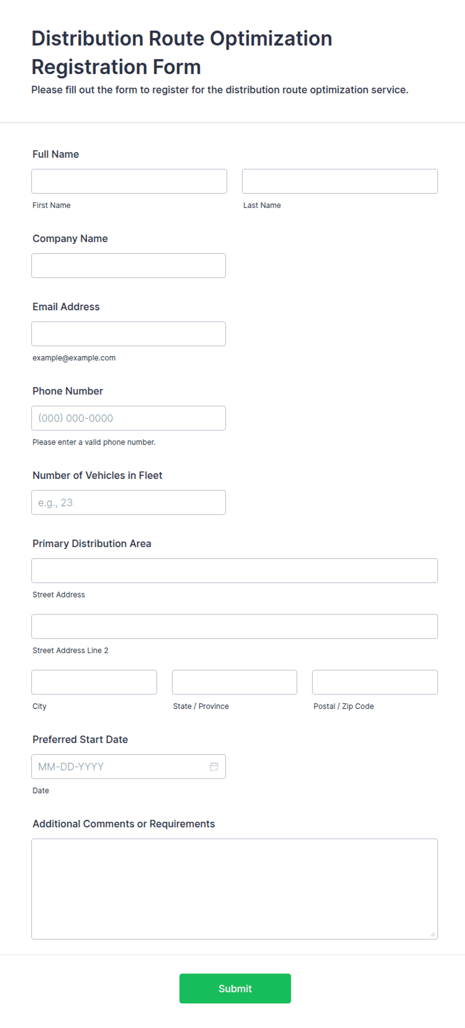 Route List Form Distribution Route Optimization Registration Form Template | Jotform