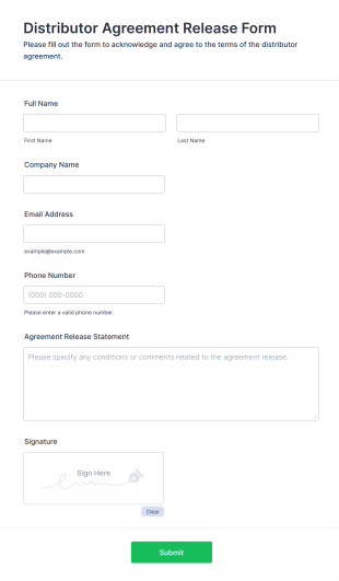 Distributor Agreement Release Form Form Template