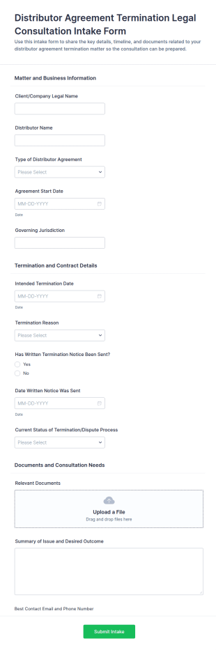 Distributor Agreement Termination Legal Consultation Form Template