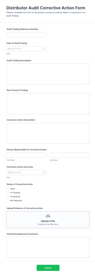 Distributor Audit Corrective Action Form Template