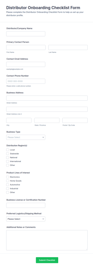 Distributor Onboarding Checklist Form Template