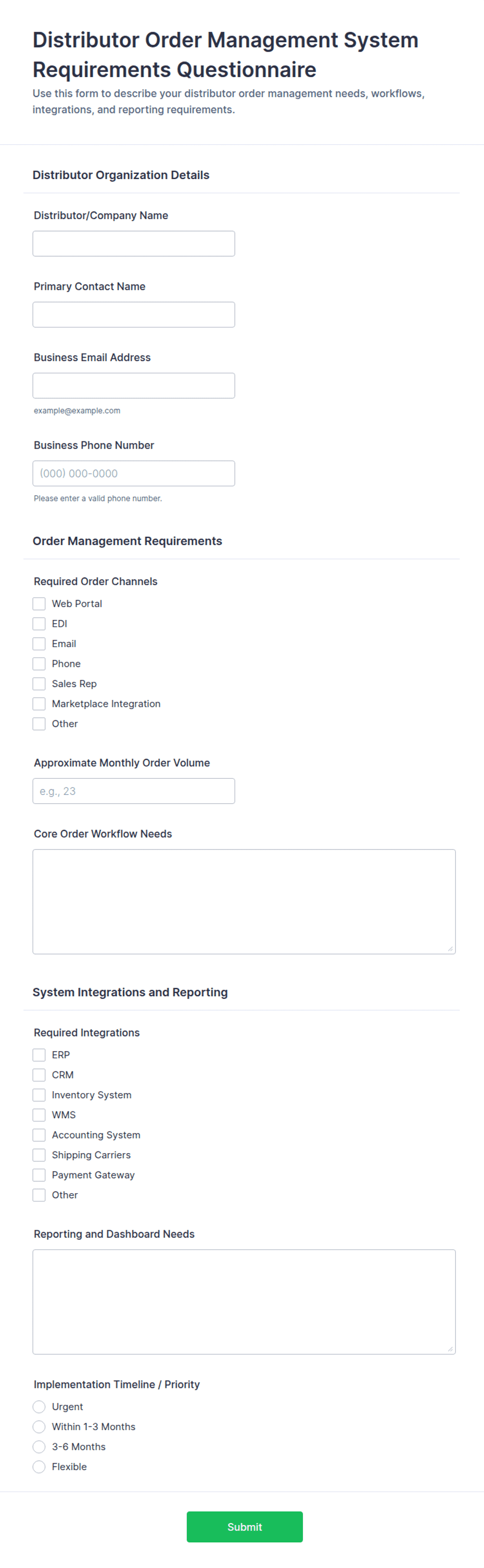 Distributor Order Management System Requirements Questionnaire Form ...
