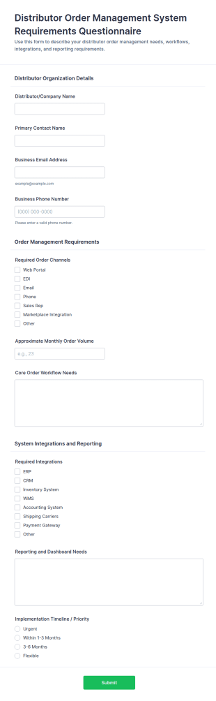 Distributor Order Management System Requirements Questionnaire Form Template