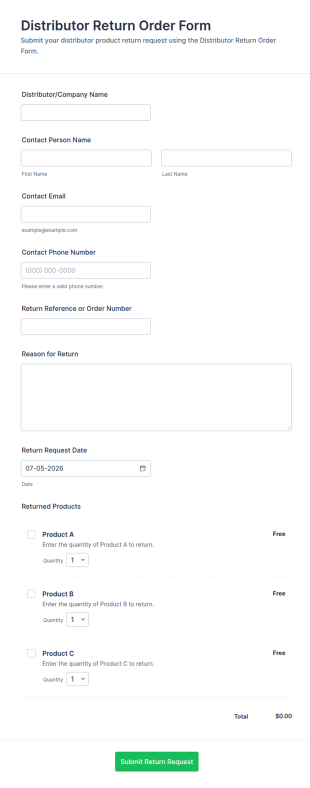 Distributor Return Order Form Template