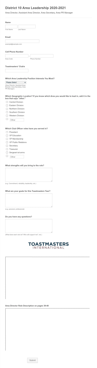 District 10 Area Leadership 2020 2021 Form Template