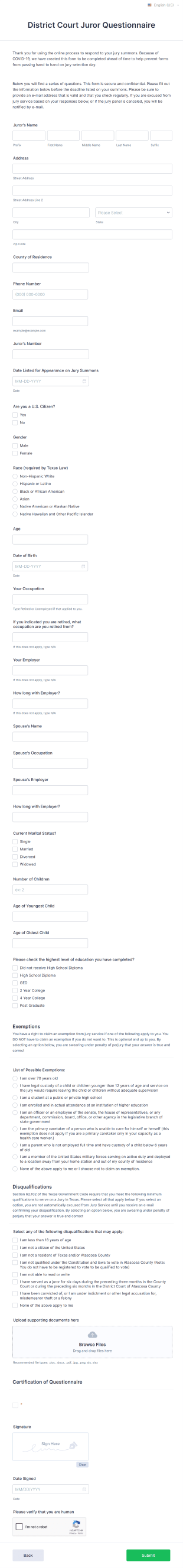 District Court Juror Questionnaire Form Template